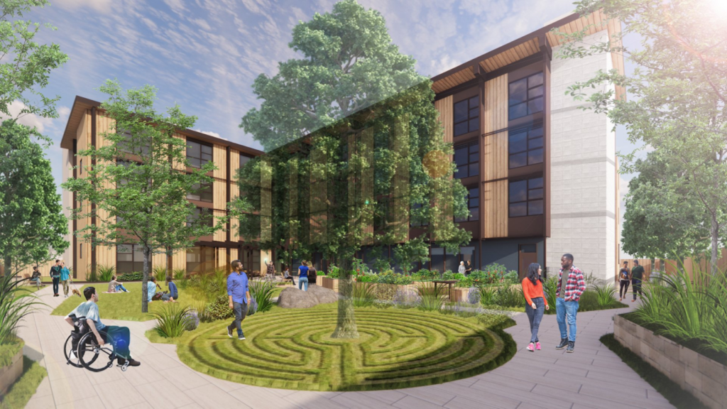 A rendering of a green space in front of an apartment building. There are large trees, and one has a small maze under it. People with and without disabilities walk through the greenspace.