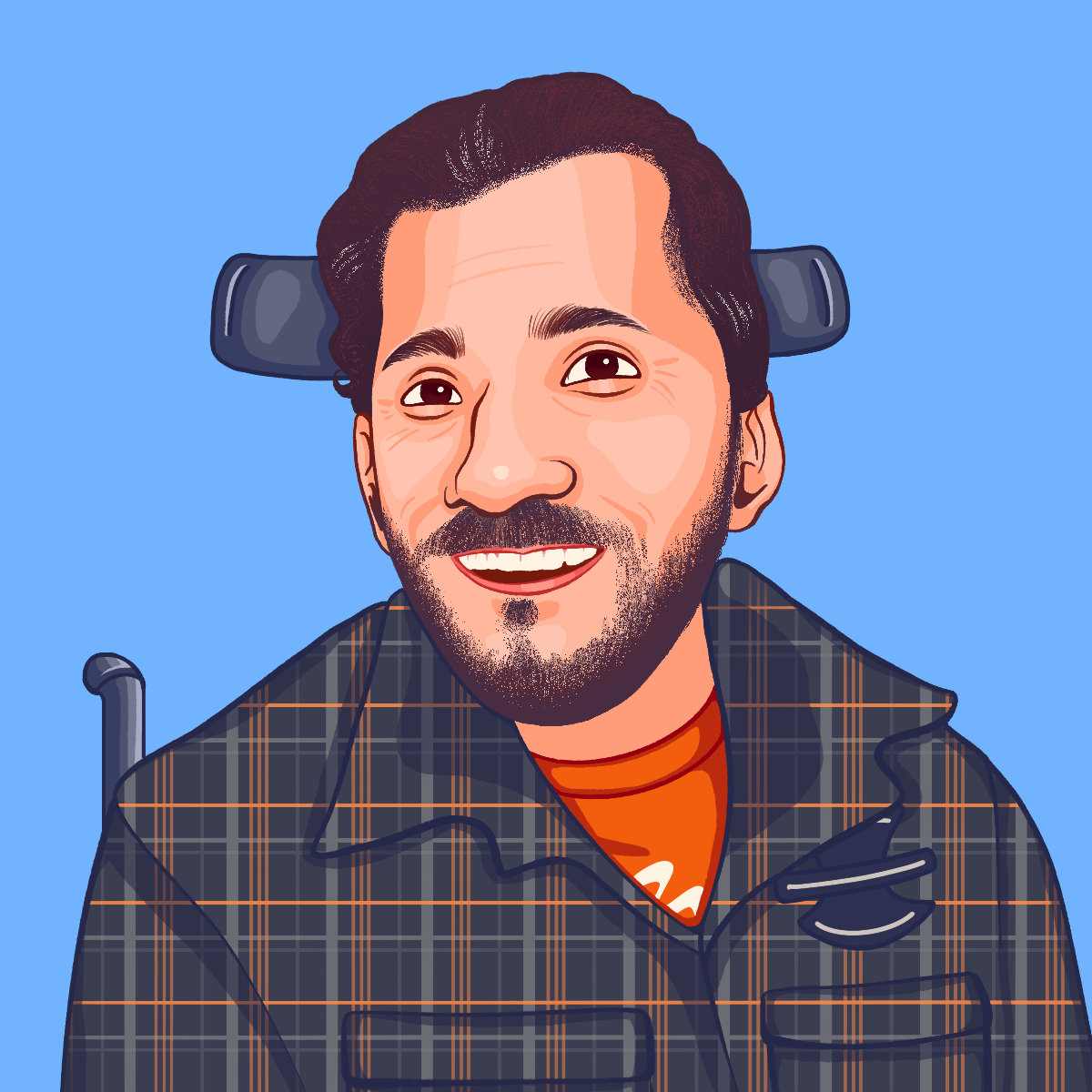 An illustration of Jake, a white man with brown hair pulled into a ponytail, wearing a plaid shirt with an orange tee under it. He is sitting in his wheelchair and smiling.