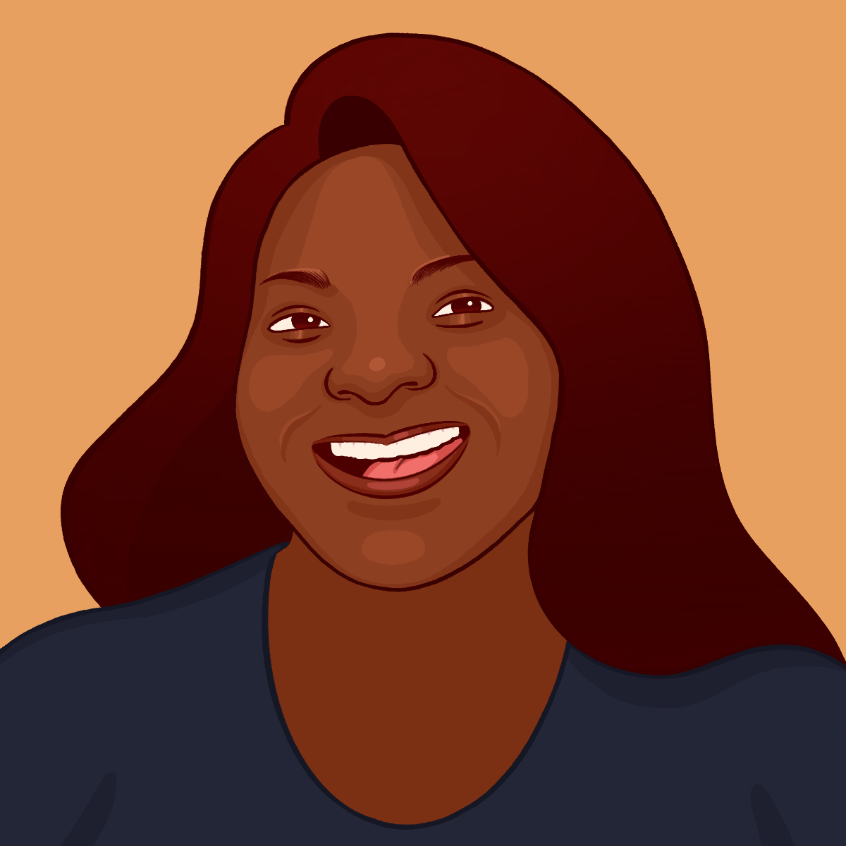 An illustration of Jonta, a Black person with long brown hair, smiling and wearing a black t-shirt against an orange background.