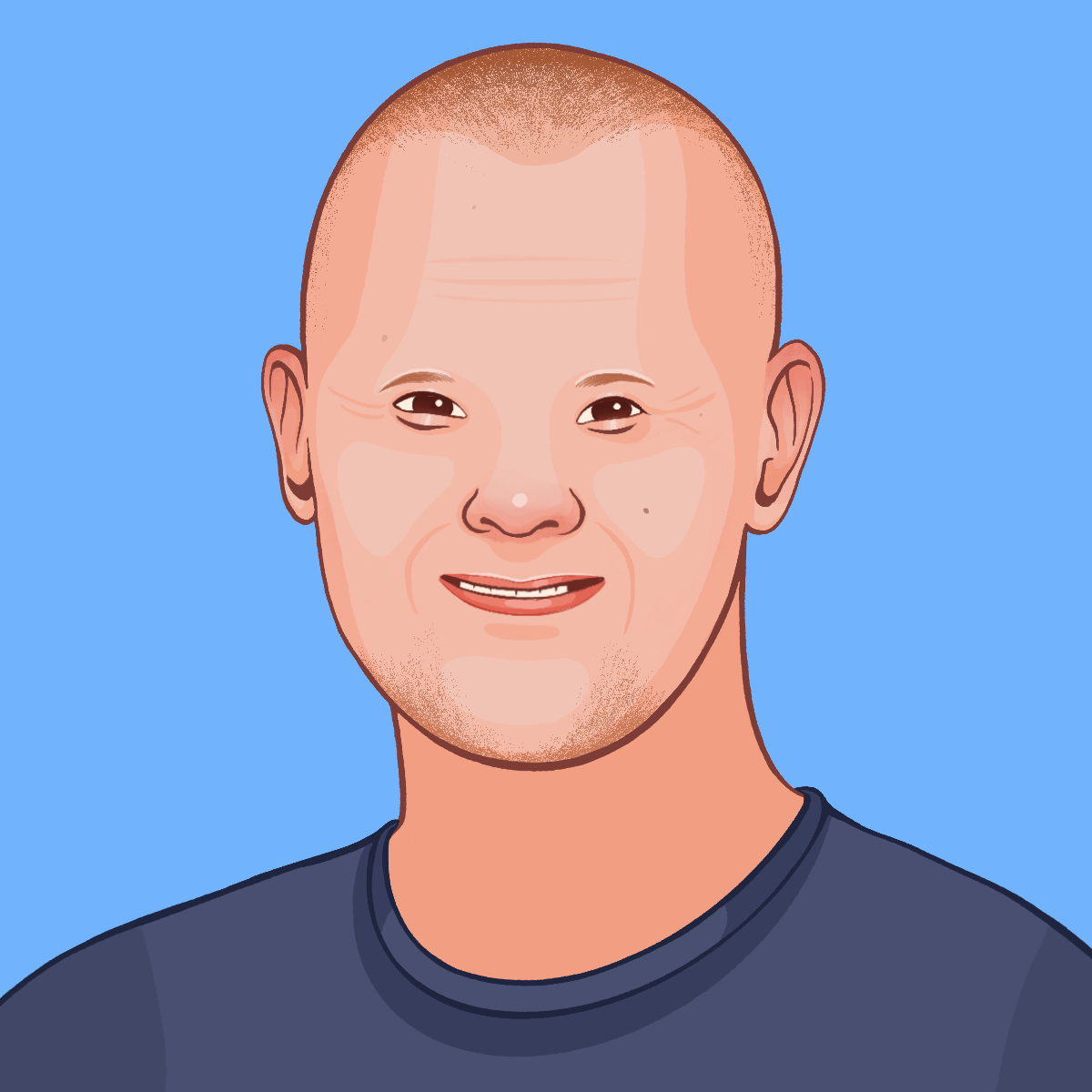 An illustration of Trevor, a light-skinned person with a buzz cut, smiling and wearing a navy blue shirt against a blue background.