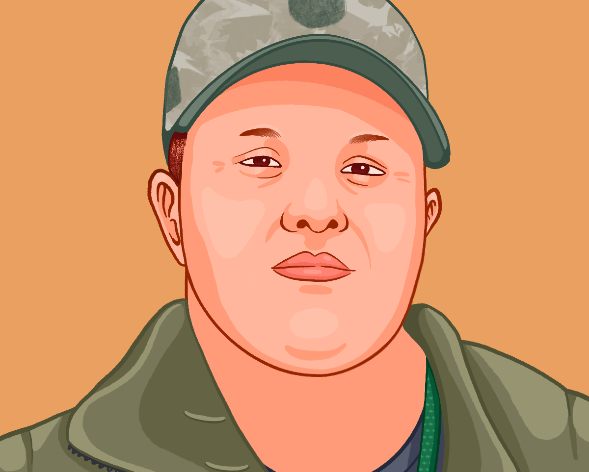 An illustrated portrait of Rory, a white man wearing a camouflage baseball cap and a green zip-up jacket, set against a warm tan background. Rory has short hair and a neutral expression in the portrait.