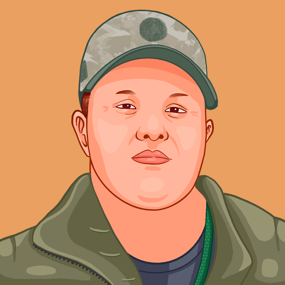 An illustrated portrait of Rory, a white man wearing a camouflage baseball cap and a green zip-up jacket, set against a warm tan background. Rory has short hair and a neutral expression in the portrait.