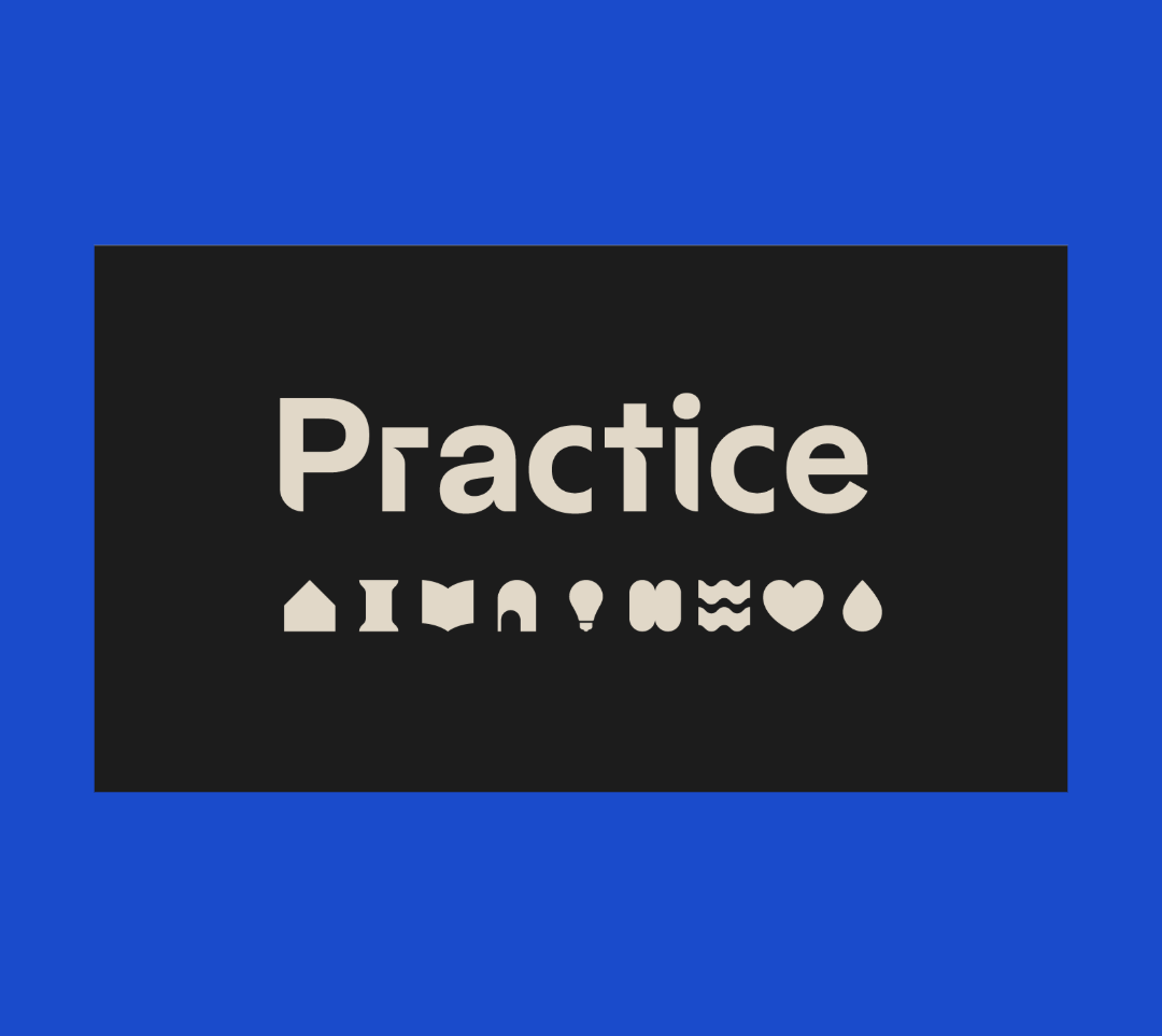 Against a dark blue background, the logo for Practice: the word “Practice” in beige with a row of small abstract icons underneath.