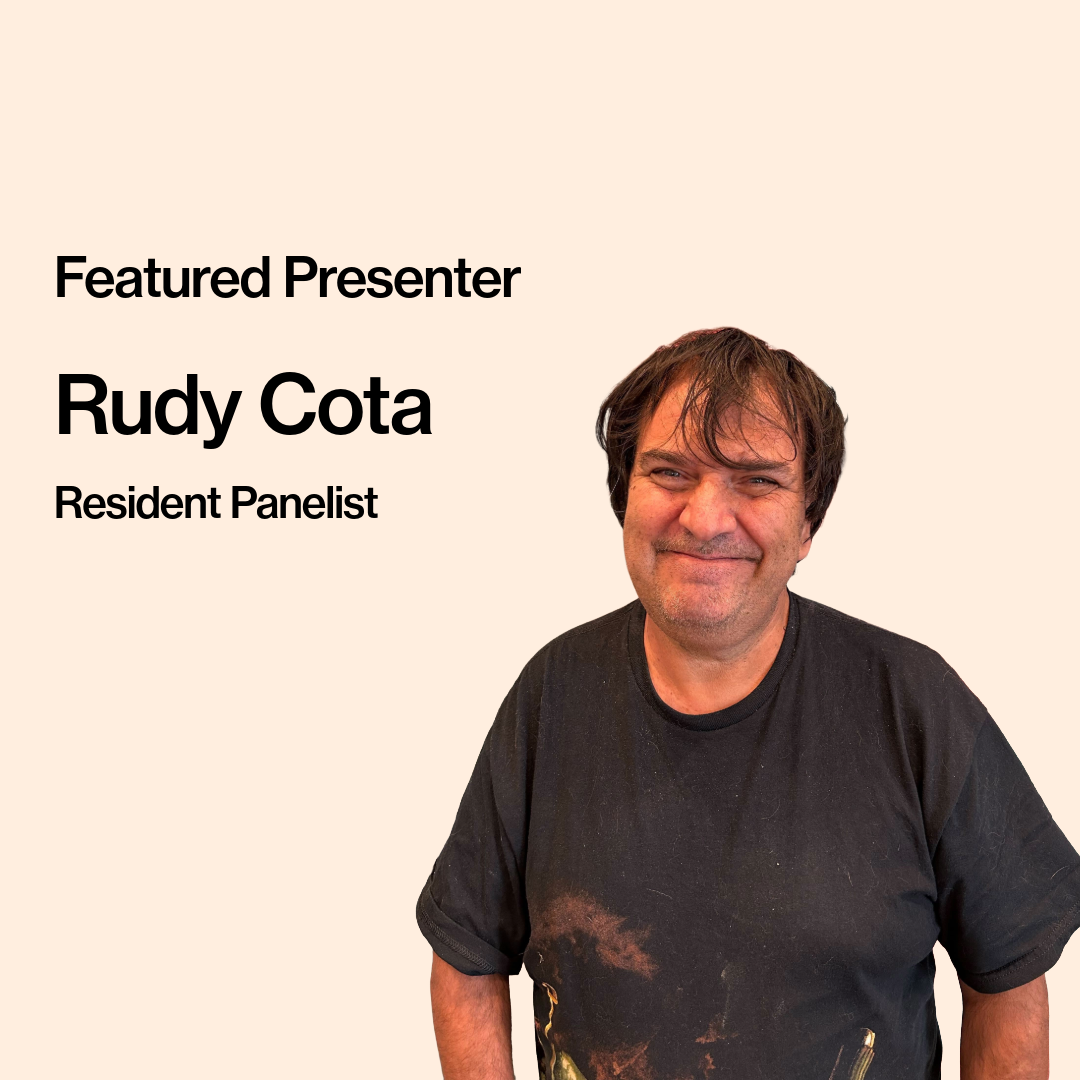 A promotional graphic with the text, “Featured Presenter: Rudy Cota, Resident Panelist.” Rudy stands, smiling warmly, wearing a black Star Wars T-shirt.”