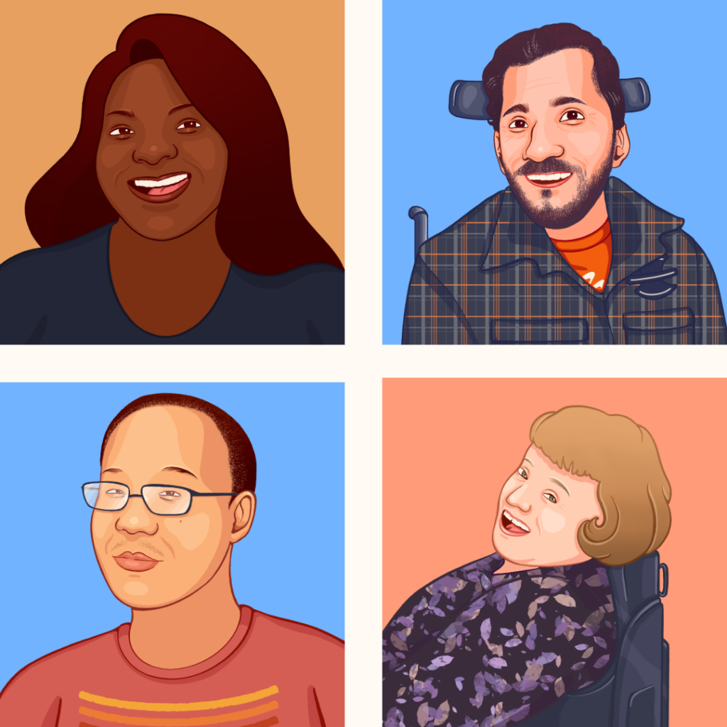 Four illustrated portraits of The Kelsey residents. From left to right, Jonta, a Black woman with long brown hair, is smiling and wearing a black t-shirt. Jake, a white man with brown hair pulled into a ponytail, wears a plaid shirt and sits in his wheelchair, smiling. Barry, a man with short black hair and glasses, is softly smiling and wearing a red t-shirt. Darcy, a white woman with short blonde hair, is wearing a purple patterned shirt and sitting in her wheelchair, smiling.