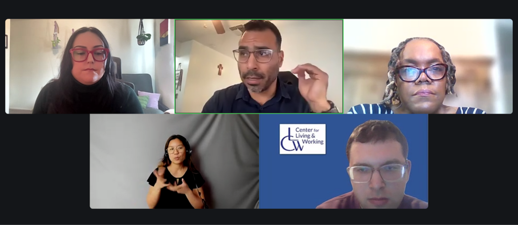 A screenshot of a Zoom webinar. Five people, of various genders and races, are spotlighted on the screen. One is talking while the others listen, and one is doing live ASL interpretation. 