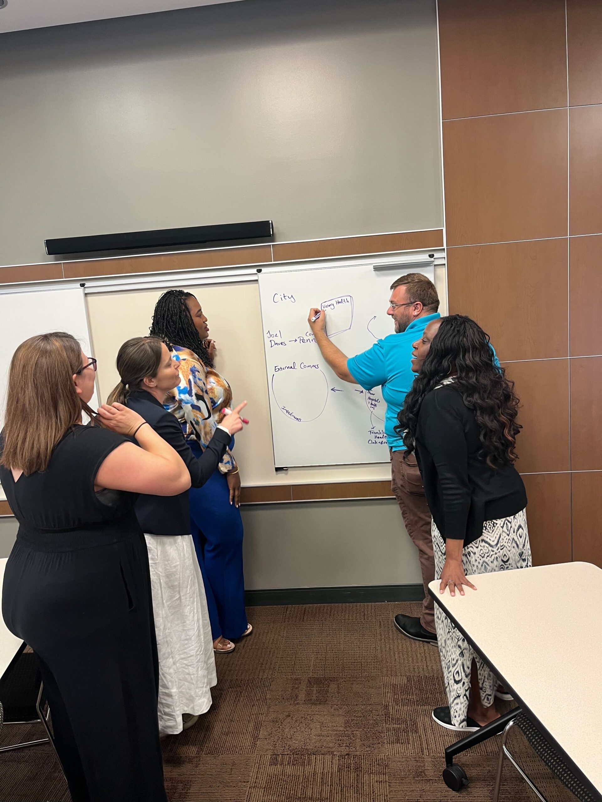 A group of people of different races and genders gathers around a whiteboard while one person writes on it.