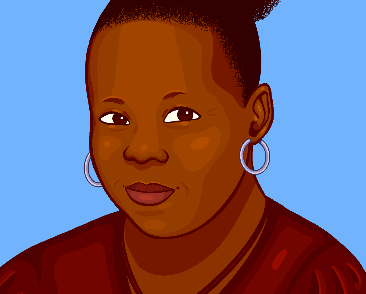 An illustration of Odjahnae, a Black person with her hair in a bun on top of her head, small, silver hoop earrings, and wearing a maroon shirt and necklace. She is smiling slightly, and the background is a light blue.