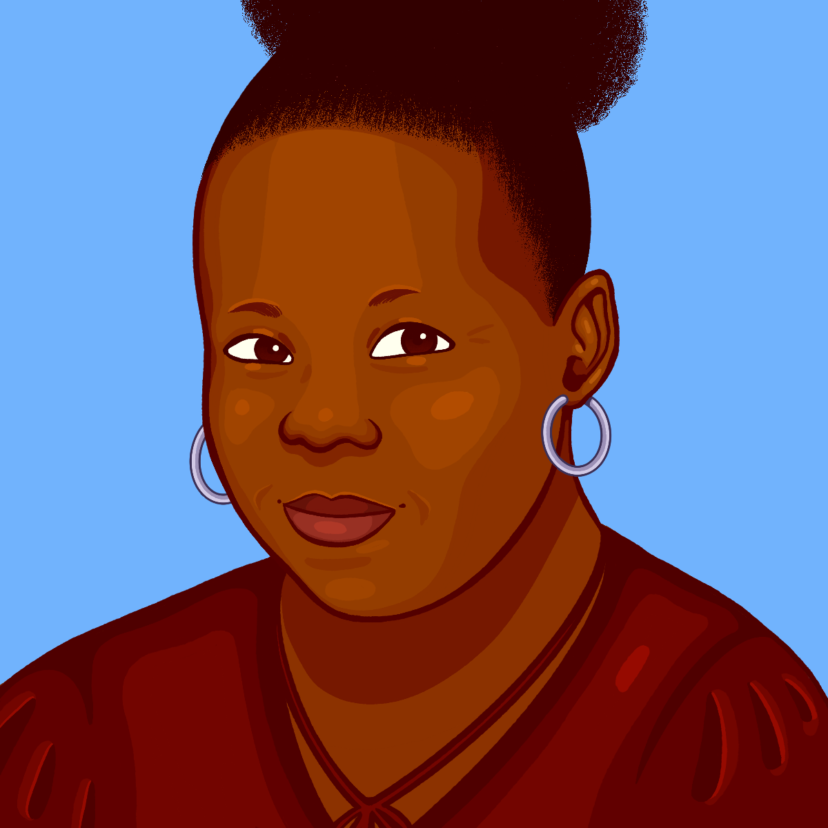 An illustration of Odjahnae, a Black person with her hair in a bun on top of her head, small, silver hoop earrings, and wearing a maroon shirt and necklace. She is smiling slightly, and the background is a light blue.