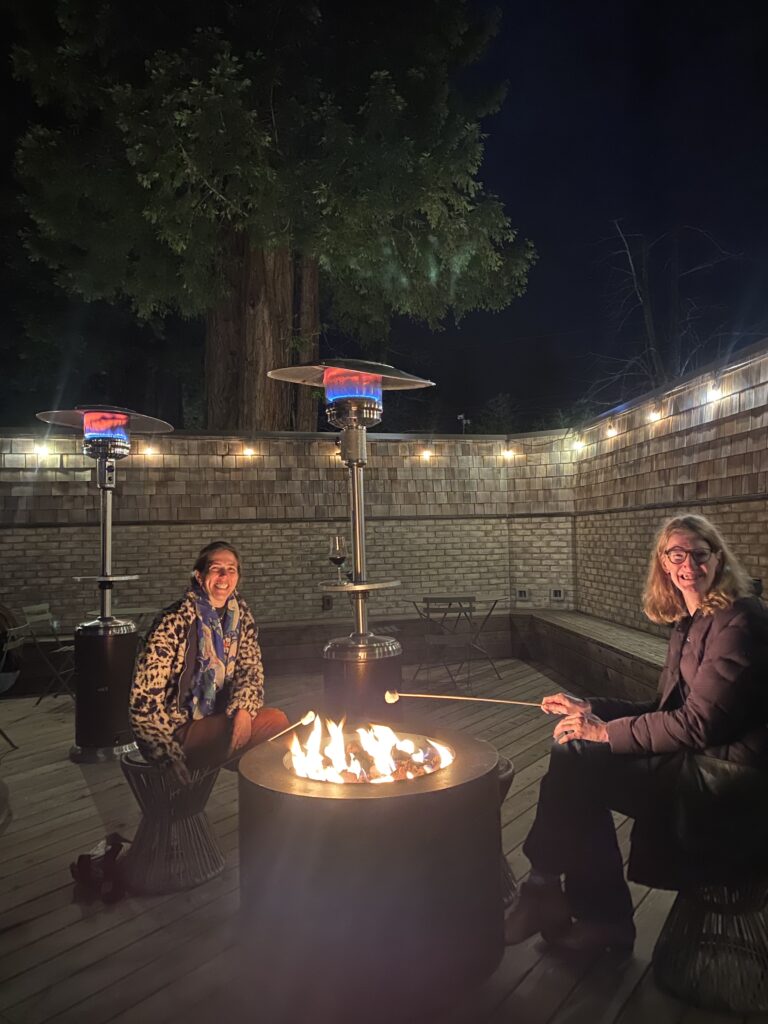 Two people sit and roast marshmallows around a small fire pit. Heating lamps are visible behind them.