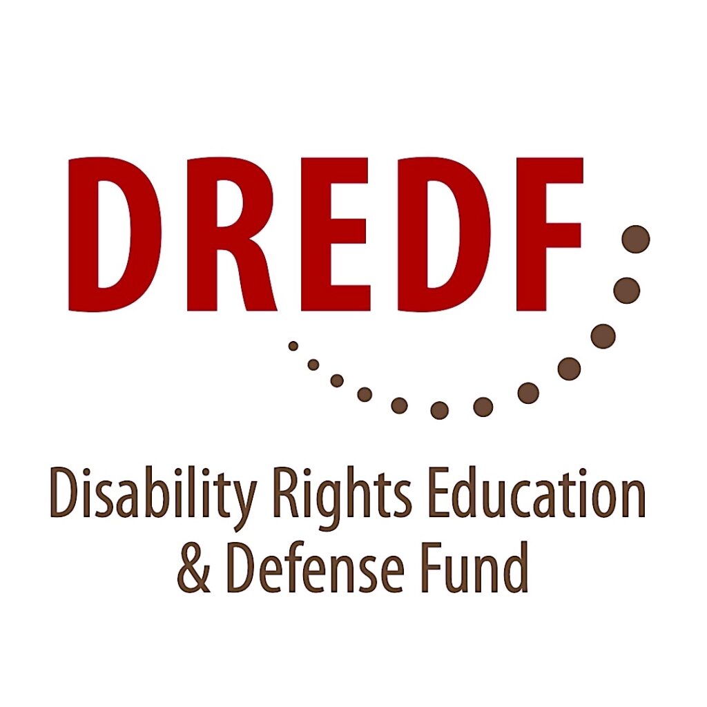 The logo for the Disability Rights Education and Defense Fund (DREDF). The letters "DREDF" in bright red with a trail of brown dots progressively growing larger in a half loop from the bottom of the "R" to the mid-point of the "F" alongside it. Brown text below the logo reads, “Disability Rights Education and Defense Fund.”