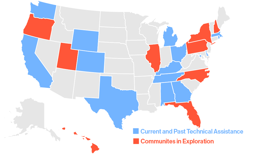 Map of the United States showing the Kelsey's current and past technical assistance and communities in exploration.