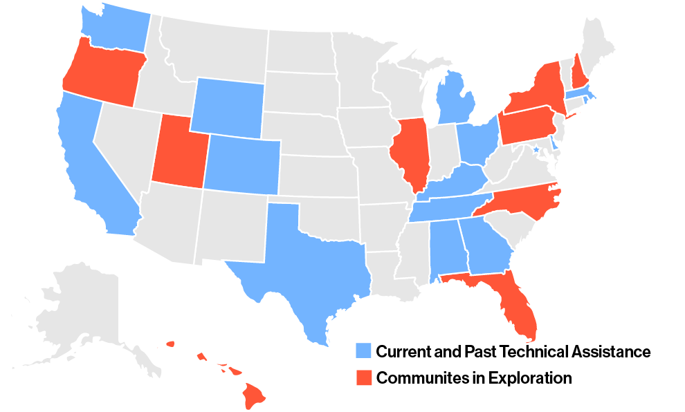 Map of the United States showing the Kelsey's current and past technical assistance and communities in exploration.