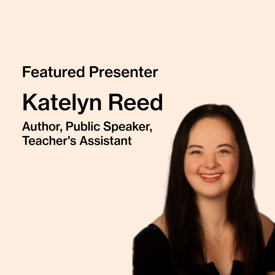 Text on image reads “Featured Presenter, Katelyn Reed, Author, Public Speaker, Teacher’s Assistant.” Katelyn Reed, a young adult with dark hair in a navy blue dress, is pictured smiling.