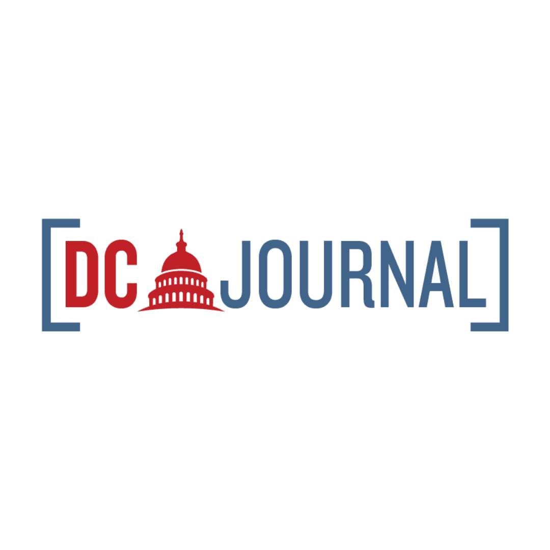 The DC Journal logo: In between two blue brackets, the text “DC Journal” with a red cartoon of the Capitol Building in between the words “DC” and “Journal.” “DC” is in red text, and “Journal” is in blue text.